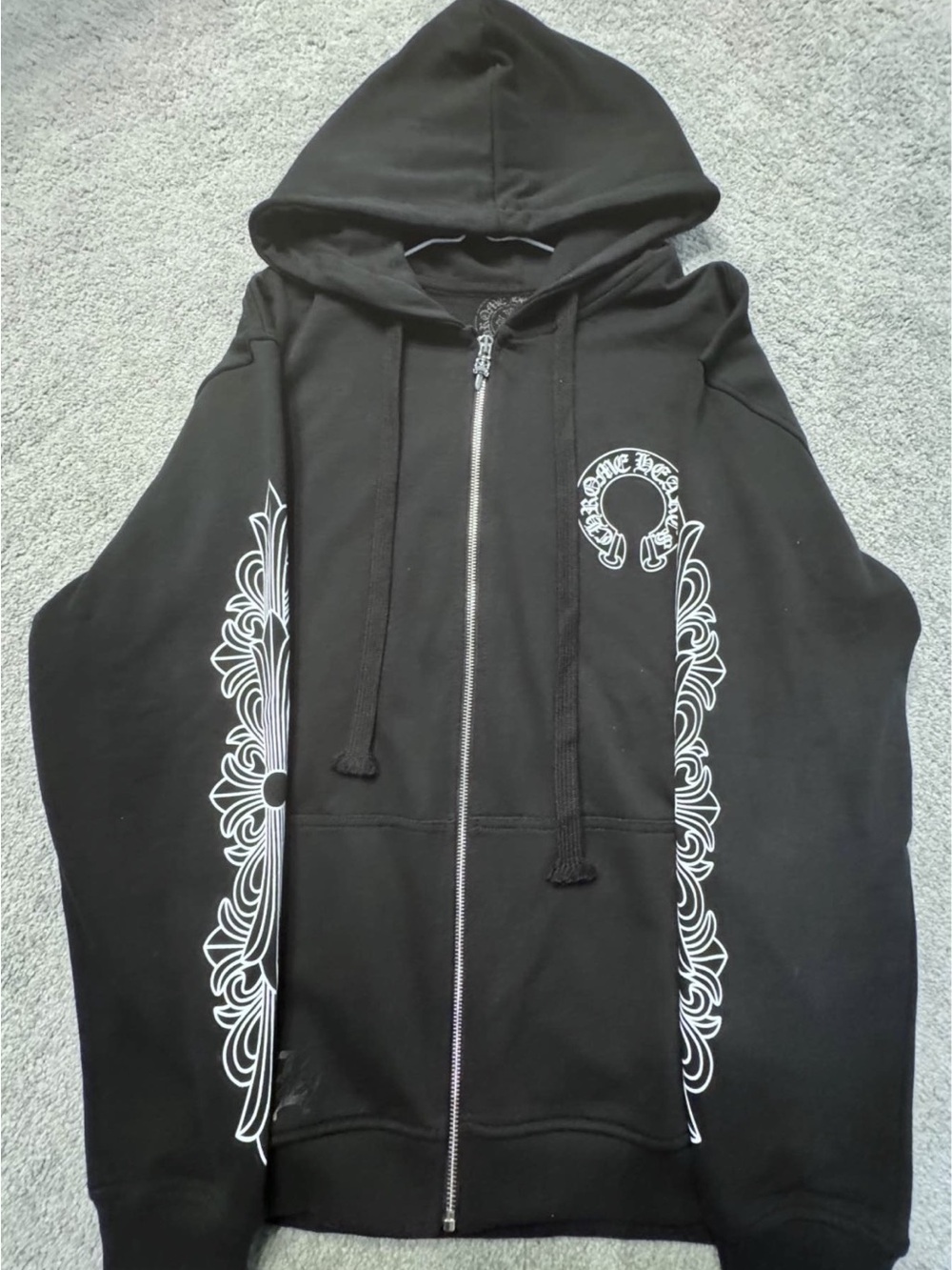 Chrome Hearts Black Zip Hoodie with White Sleeve and Chest Graphics